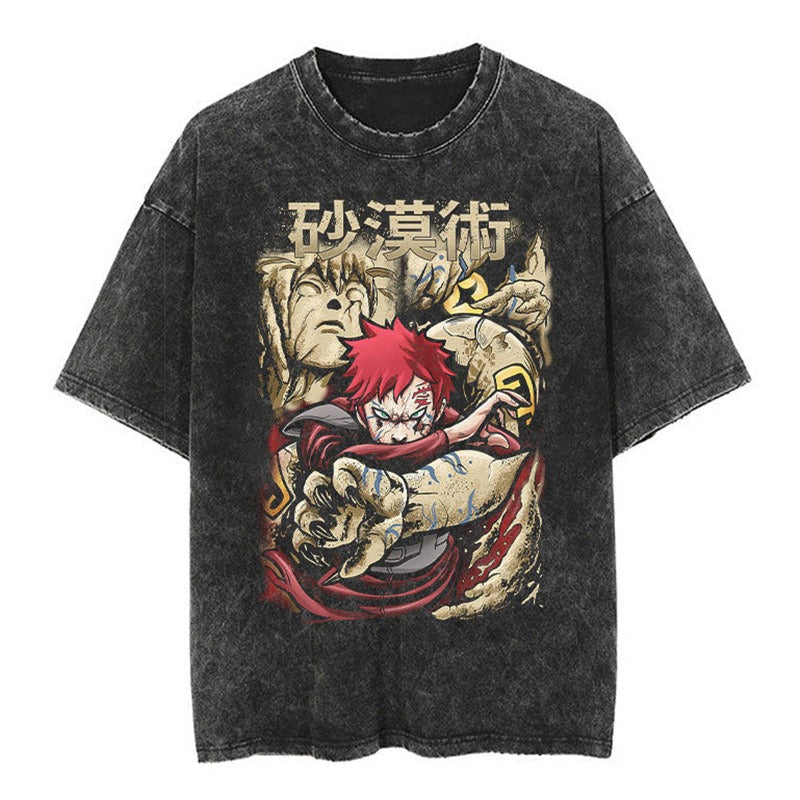 Japanese classic Naruto anime oversize high street vintage water washed wax dyed short sleeved T-shirt