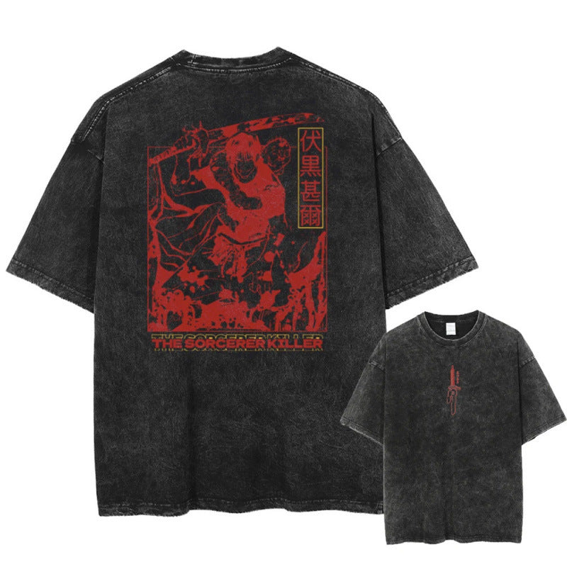 Summer Anime Jujutsu Kaisen Character Pattern Printed T-Shirt Cotton Washed Vintage Short Sleeve