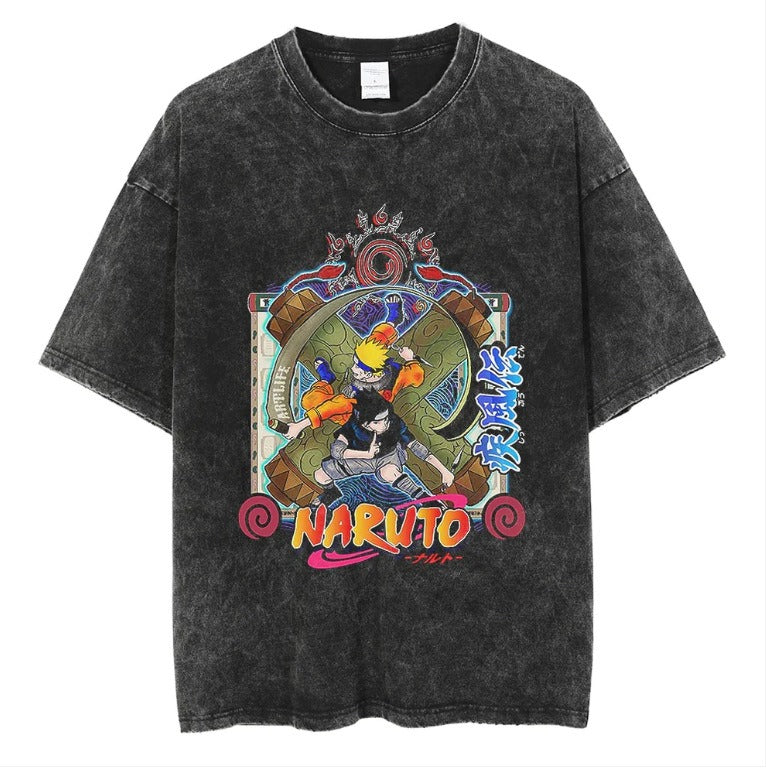 Naruto Japanese Anime Cartoon Oversize High Street Vintage Washed Wax Dyed Direct Spray Printed T-shirt