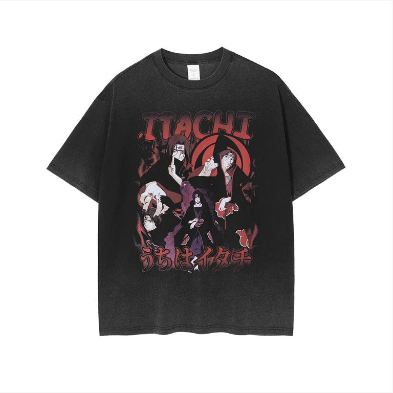 Naruto Japanese Anime Cartoon Oversize High Street Vintage Washed Wax Dyed Direct Spray Printed T-shirt