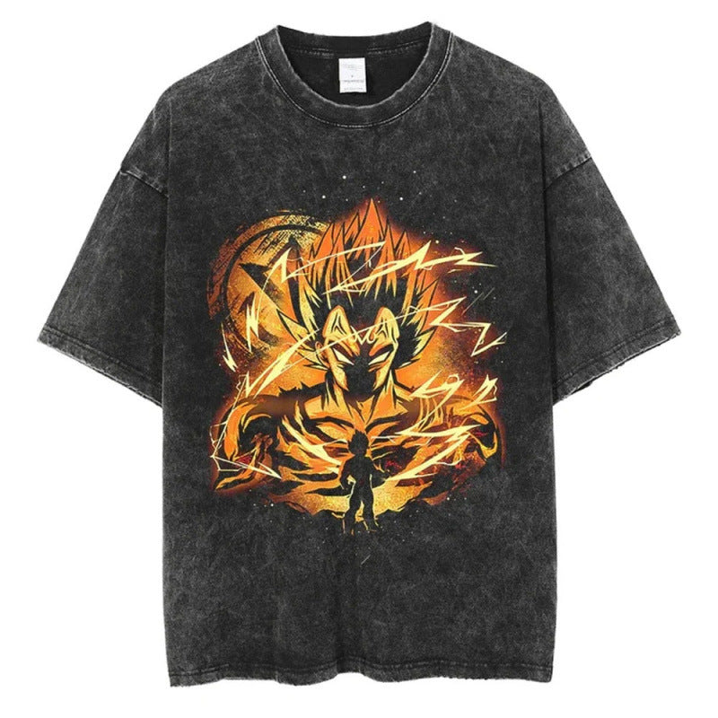 Summer Dragon Ball Anime Pattern Printed T-Shirt Casual Cotton Washed Vintage Short Sleeve Tee