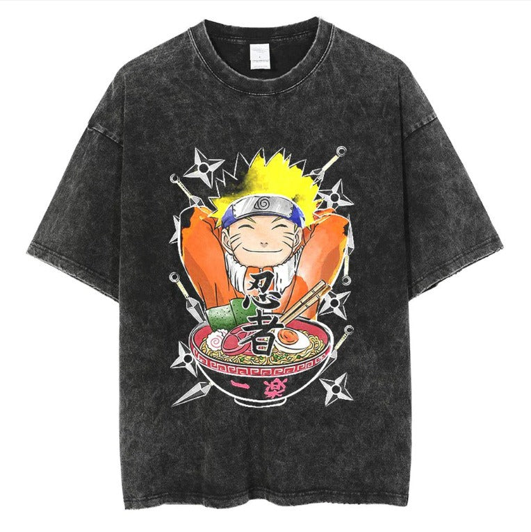 Naruto Japanese Anime Cartoon Oversize High Street Vintage Washed Wax Dyed Direct Spray Printed T-shirt