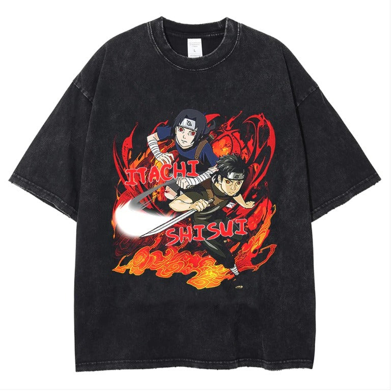 Naruto Japanese Anime Cartoon Oversize High Street Vintage Washed Wax Dyed Direct Spray Printed T-shirt