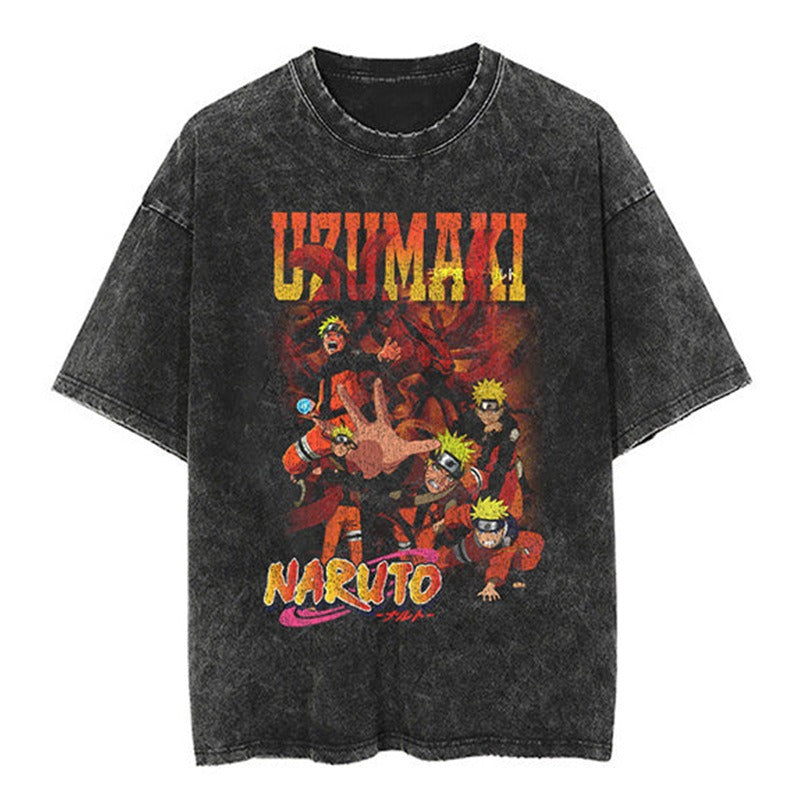 Japanese classic Naruto anime oversize high street vintage water washed wax dyed short sleeved T-shirt