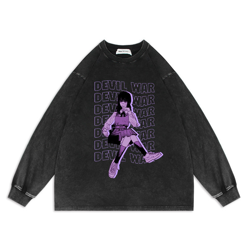 Chainsaw Man Anime Washed Old Sweater Electric Magima Oversize American High Street Cartoon Top