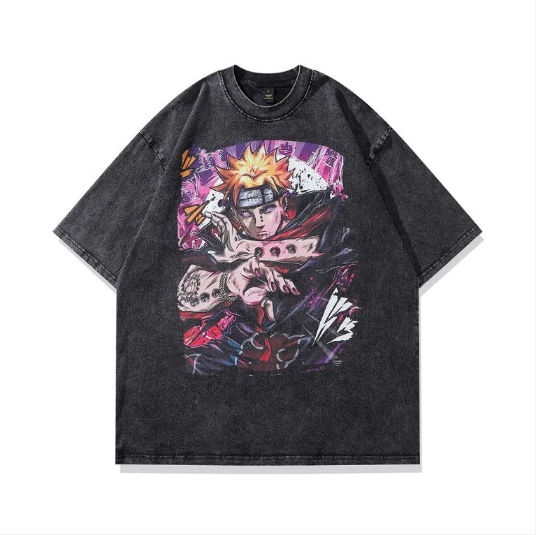 Naruto Japanese Anime Cartoon Oversize High Street Vintage Washed Wax Dyed Direct Spray Printed T-shirt