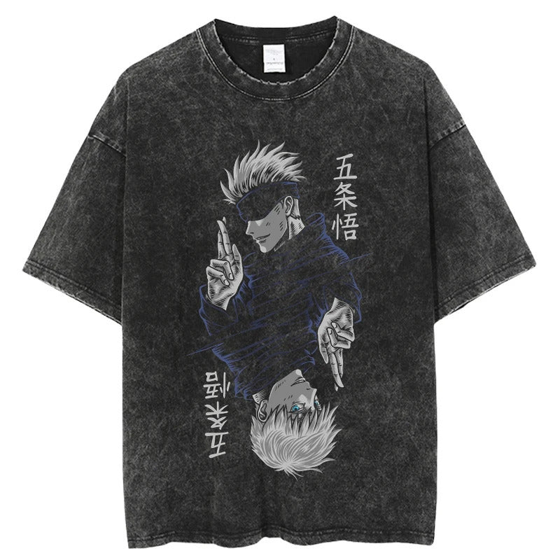 Summer Jujutsu Kaisen Anime Print T-Shirt Vintage Washed Cotton Short Sleeve Top