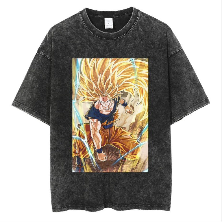 Japanese anime cartoon Dragon Ball oversize high street vintage washed wax dyed direct spray printed short sleeved T-shirt