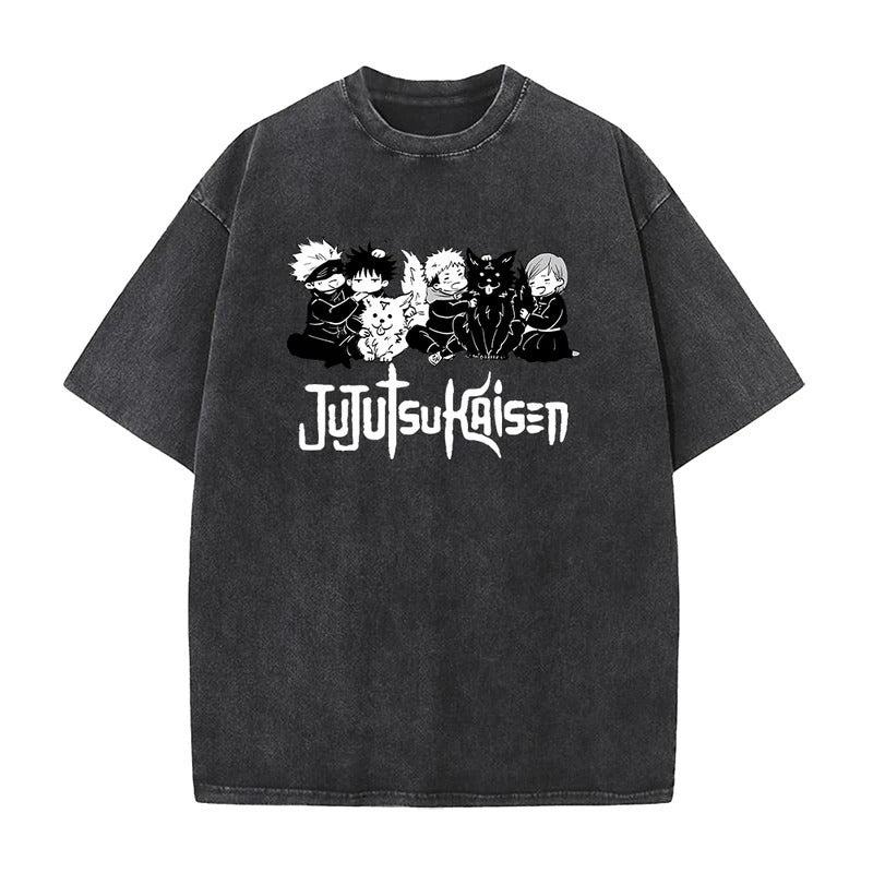 Jujutsu Kaisen Anime Print T-Shirt Summer Cotton Washed Top Vintage Distressed Short Sleeve