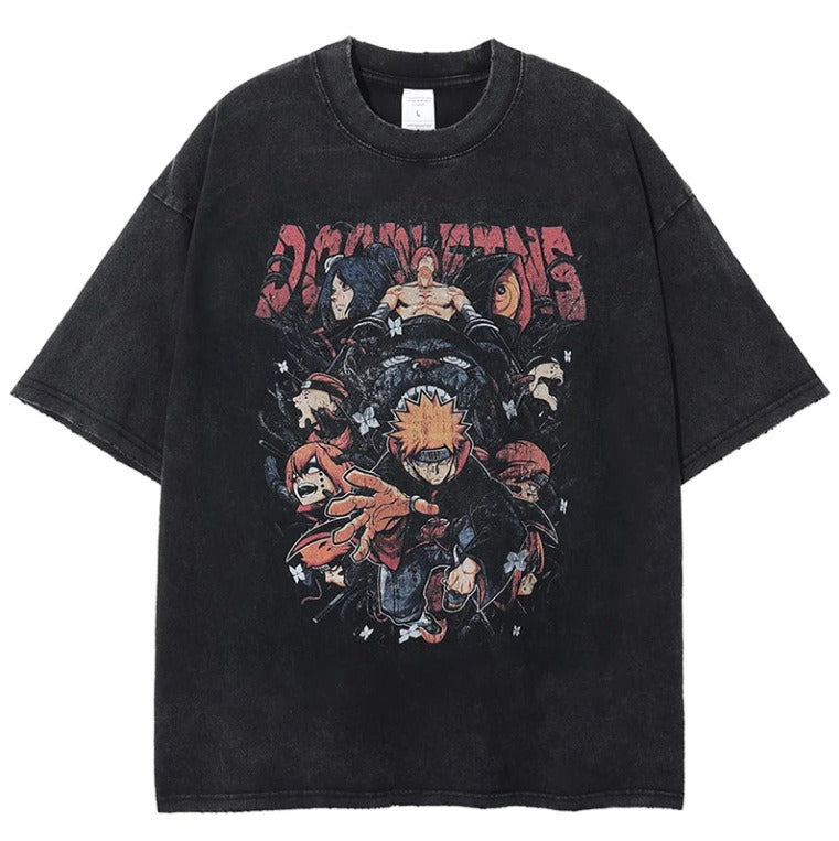 Naruto Japanese Anime Cartoon Oversize High Street Vintage Washed Wax Dyed Direct Spray Printed T-shirt