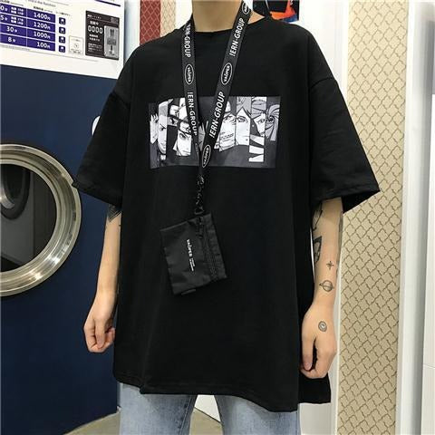 INS Diablo Naruto Uchibo with Earth Anime Print Loose Short sleeved T-shirt for Men and Women Short sleeved Couple