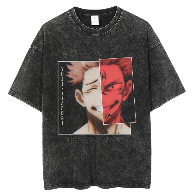 Summer Jujutsu Kaisen Anime Print T-Shirt Vintage Washed Cotton Short Sleeve Top