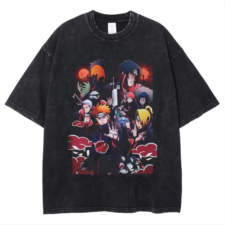Naruto Japanese Anime Cartoon Oversize High Street Vintage Washed Wax Dyed Direct Spray Printed T-shirt