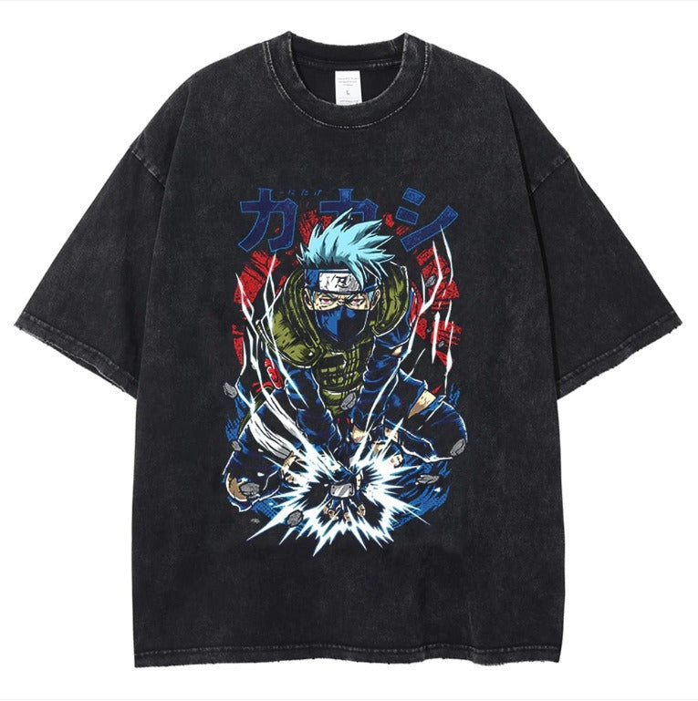Naruto Japanese Anime Cartoon Oversize High Street Vintage Washed Wax Dyed Direct Spray Printed T-shirt
