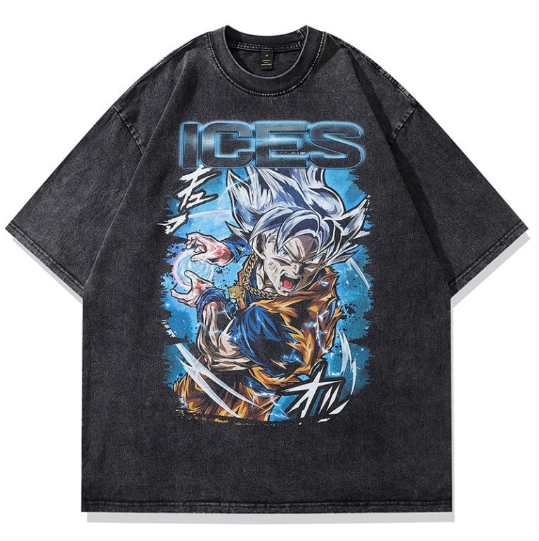 Japanese anime cartoon Dragon Ball oversize high street vintage washed wax dyed direct spray printed short sleeved T-shirt
