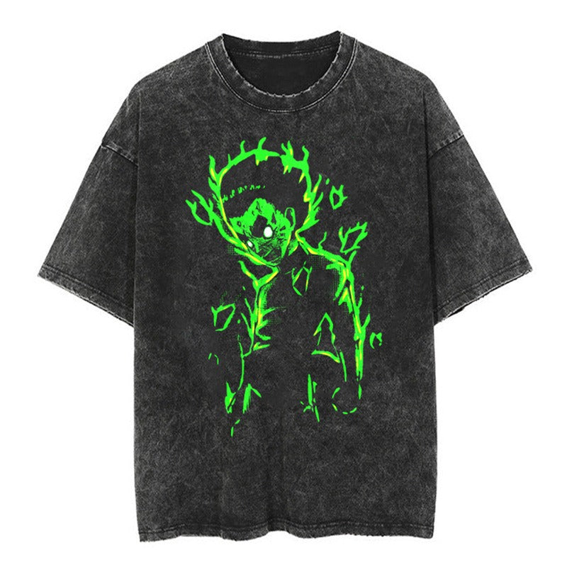 Japanese classic Naruto anime oversize high street vintage water washed wax dyed short sleeved T-shirt