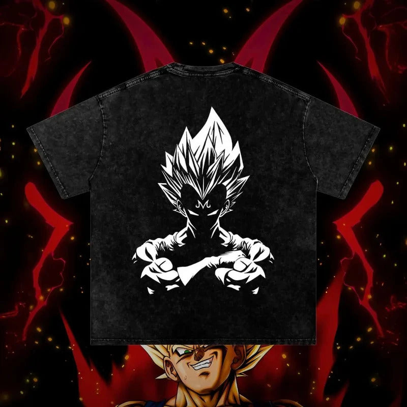 Summer Dragon Ball Vegeta Anime Print T-Shirt Vintage Washed Cotton Short Sleeve Top