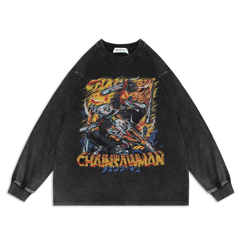 Chainsaw Man Anime Washed Old Sweater Electric Oversize Magima American High Street Cartoon Top