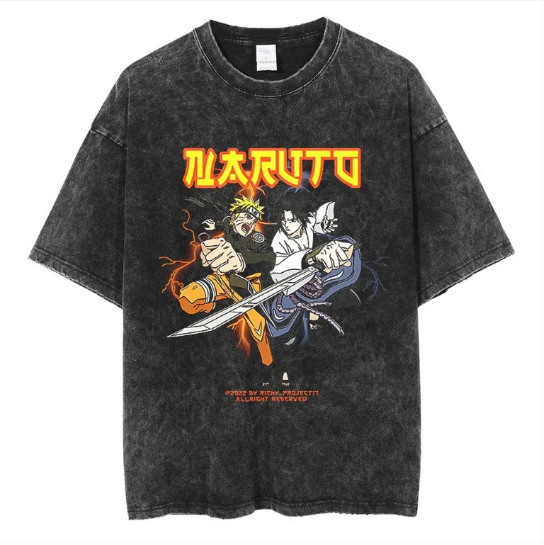 Naruto Japanese Anime Cartoon Oversize High Street Vintage Washed Wax Dyed Direct Spray Printed T-shirt