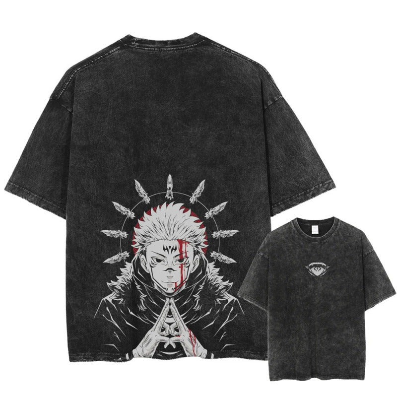 Summer Anime Jujutsu Kaisen Character Pattern Printed T-Shirt Cotton Washed Vintage Short Sleeve