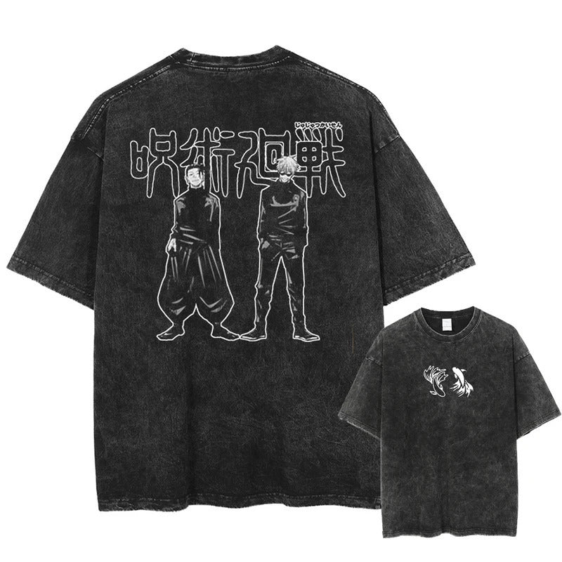 Summer Anime Jujutsu Kaisen Character Pattern Printed T-Shirt Cotton Washed Vintage Short Sleeve