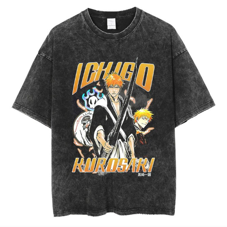 Naruto Japanese Anime Cartoon Oversize High Street Vintage Washed Wax Dyed Direct Spray Printed T-shirt