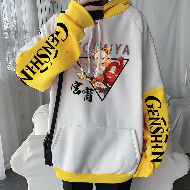 Spring Genshin Impact Yoimiya Printed Hoodie Unisex Long Sleeve Casual Jacket Patchwork Top