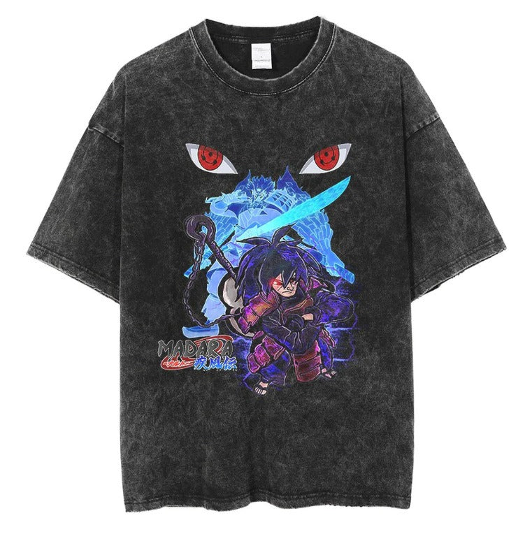 Naruto Japanese Anime Cartoon Oversize High Street Vintage Washed Wax Dyed Direct Spray Printed T-shirt