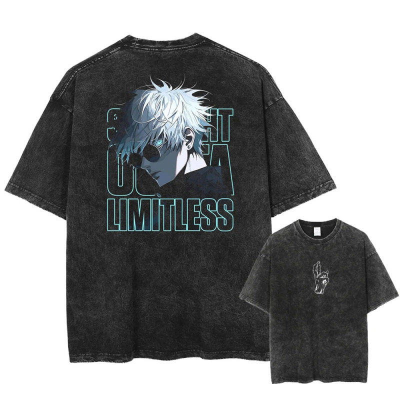 Summer Anime Jujutsu Kaisen Character Pattern Printed T-Shirt Cotton Washed Vintage Short Sleeve