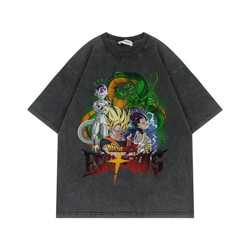 280G Heavyweight Washed Old Vintage Short Sleeve T Shirt Seven Dragon Ball Anime American Oversize High Street Half Sleeve T