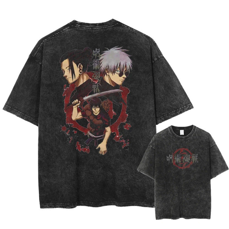 Summer Anime Jujutsu Kaisen Character Pattern Printed T-Shirt Cotton Washed Vintage Short Sleeve