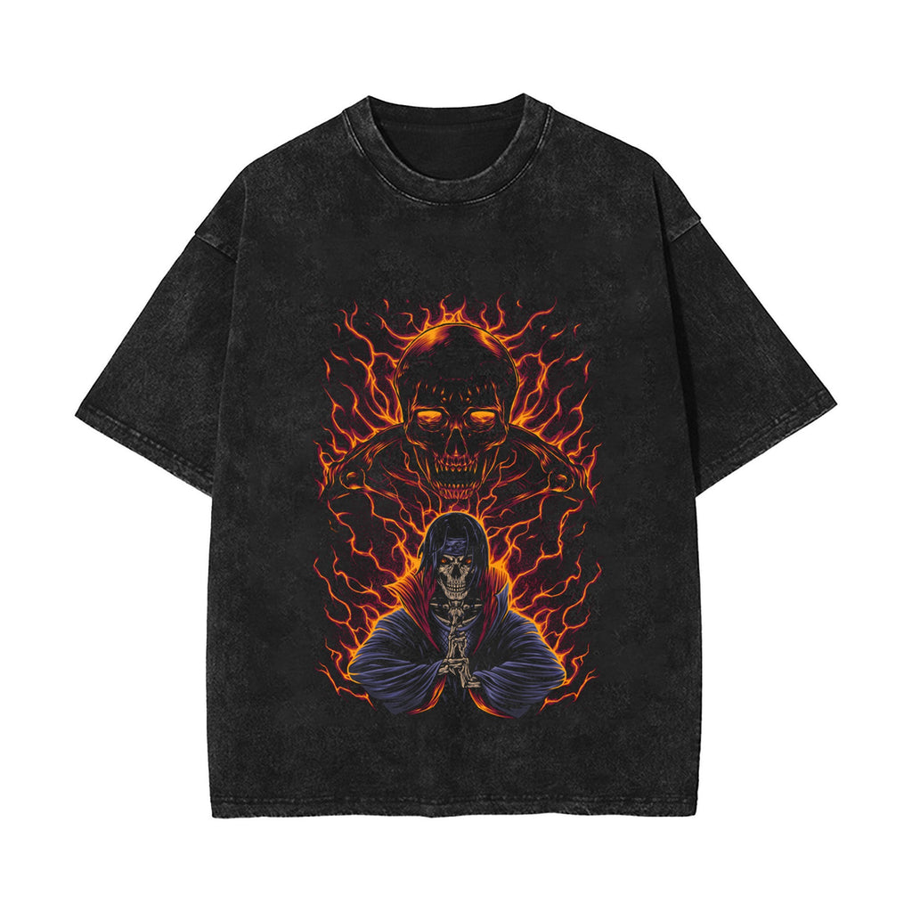 New summer anime Naruto Sasuke European and American washed vintage short sleeved T-shirt