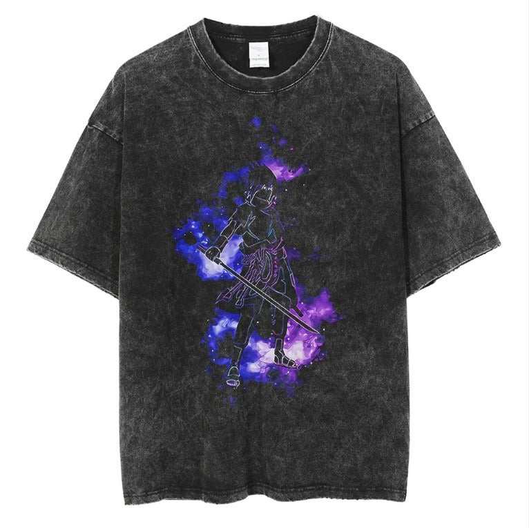 Naruto Japanese Anime Cartoon Oversize High Street Vintage Washed Wax Dyed Direct Spray Printed T-shirt