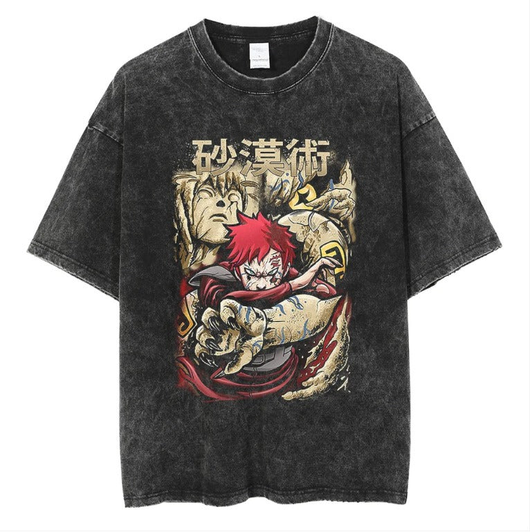 Naruto Japanese Anime Cartoon Oversize High Street Vintage Washed Wax Dyed Direct Spray Printed T-shirt