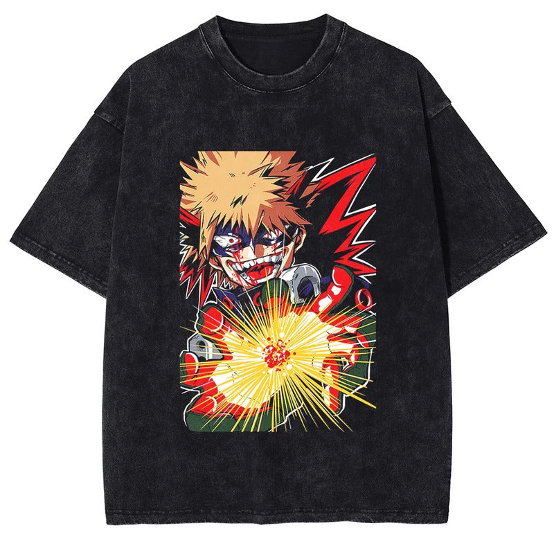 Summer My Hero Academia Bakugo Katsuki Printed T-Shirt Vintage Washed Cotton Short Sleeve