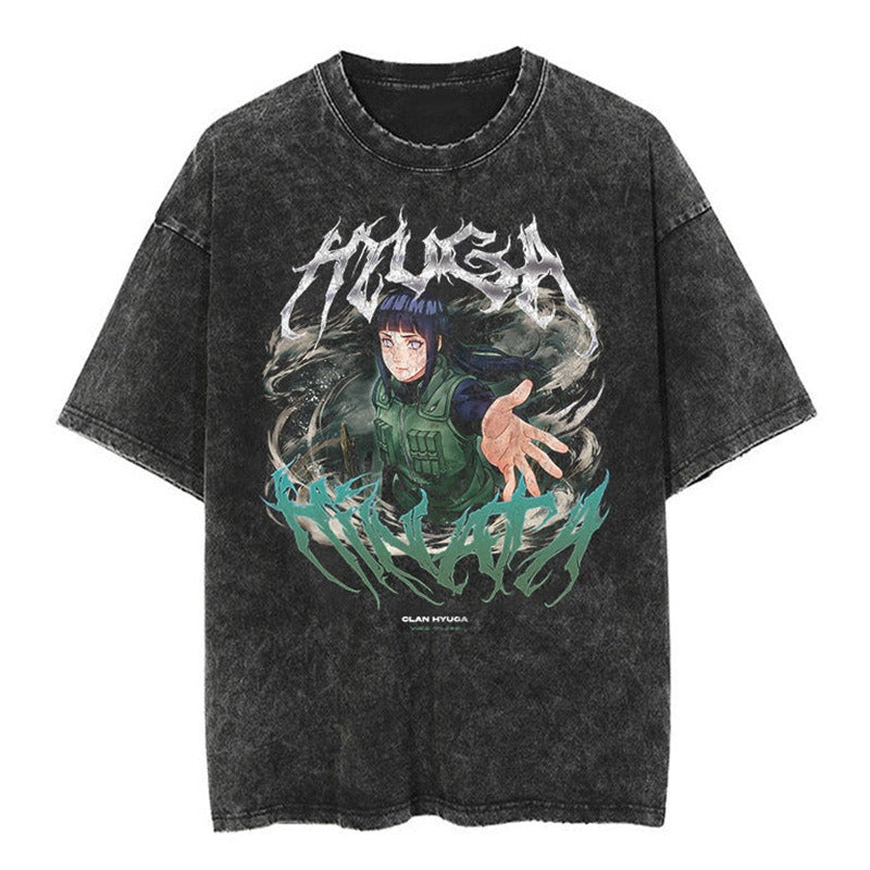 Japanese classic Naruto anime oversize high street vintage water washed wax dyed short sleeved T-shirt