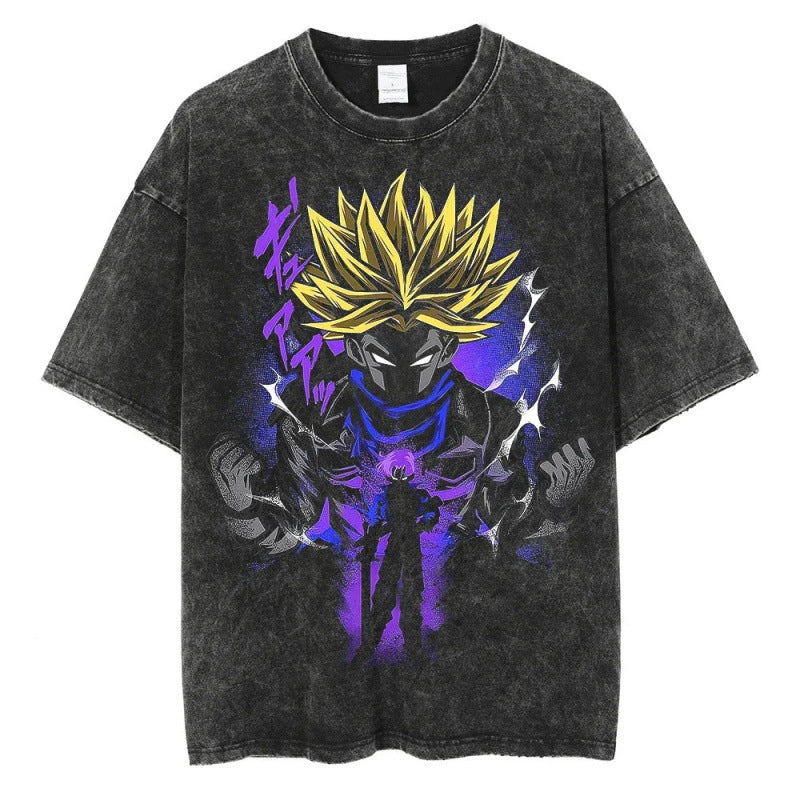 Summer Dragon Ball Anime Pattern Printed T-Shirt Casual Cotton Washed Vintage Short Sleeve Tee