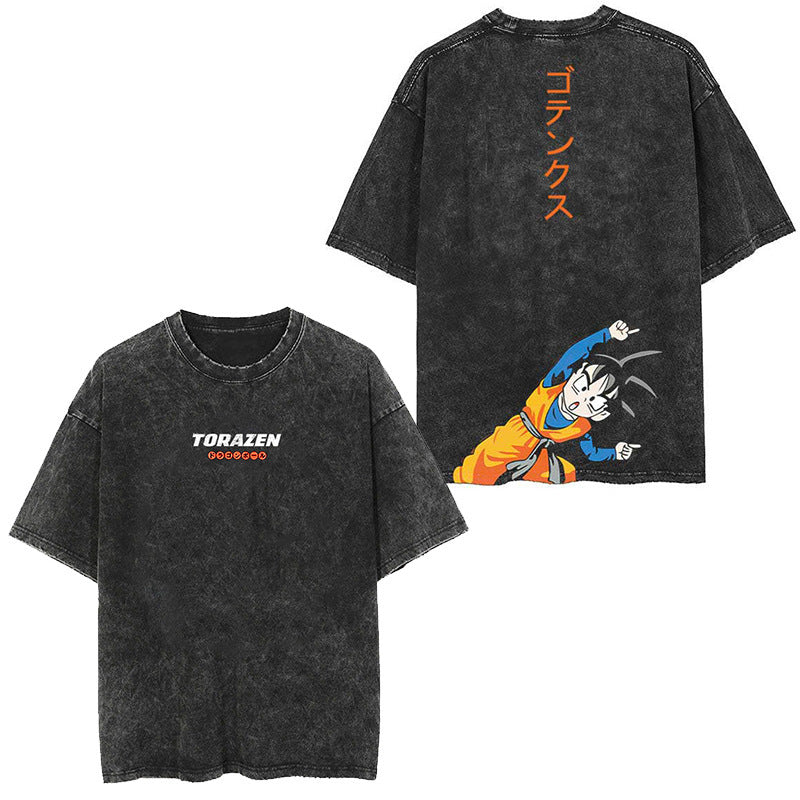 Classic Dragon Ball Cartoon Anime Oversize High Street Vintage Washed Distressed Short Sleeve T-Shirt Trendy Cotton