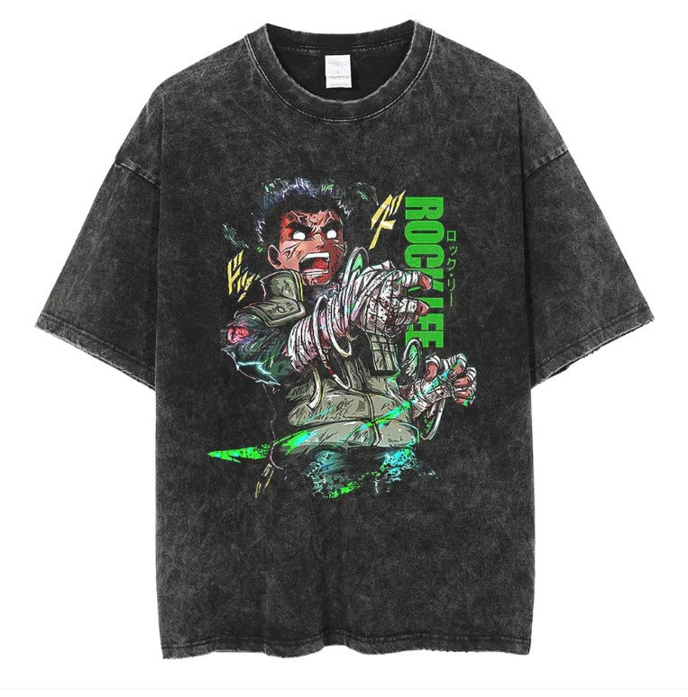 Naruto Japanese Anime Cartoon Oversize High Street Vintage Washed Wax Dyed Direct Spray Printed T-shirt