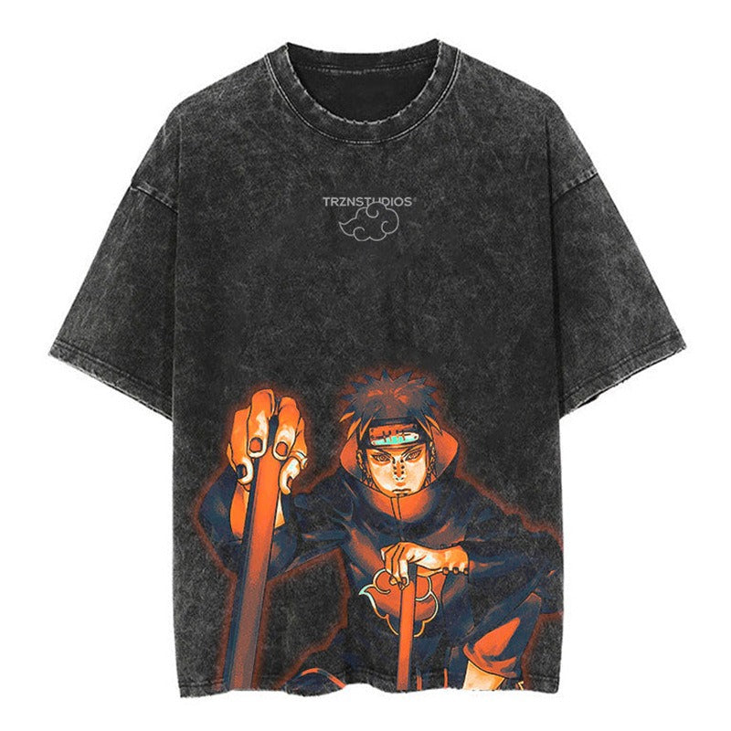 Japanese classic Naruto anime oversize high street vintage water washed wax dyed short sleeved T-shirt