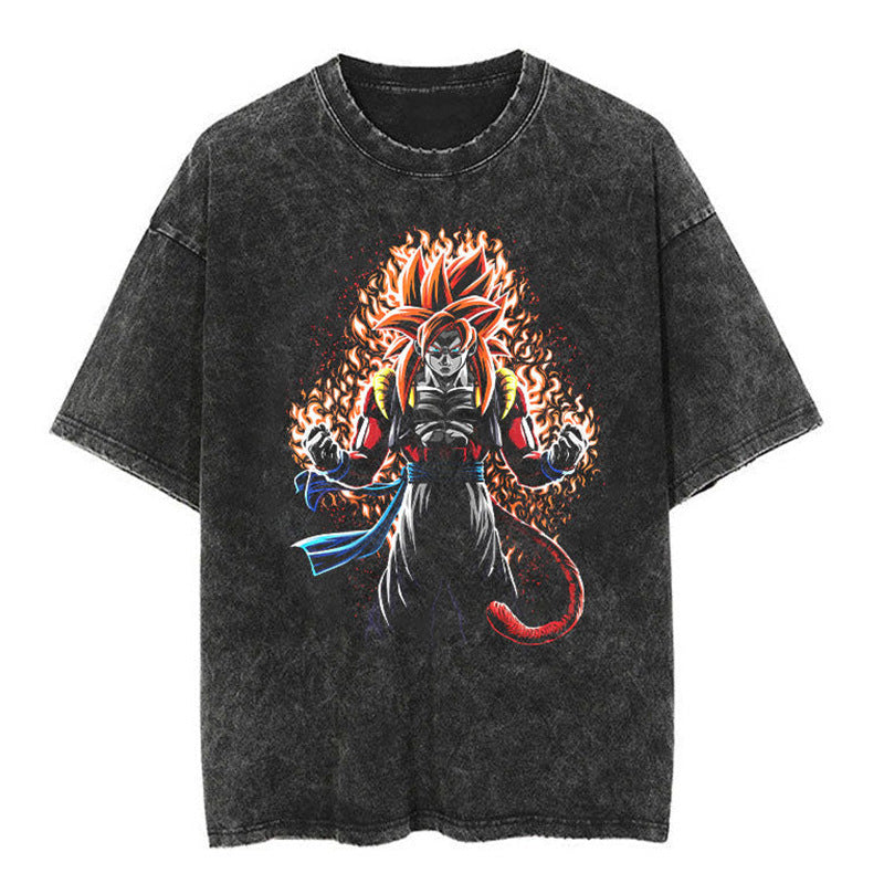 Classic Dragon Ball Cartoon Anime Oversize High Street Vintage Washed Distressed Short Sleeve T-Shirt Trendy Cotton