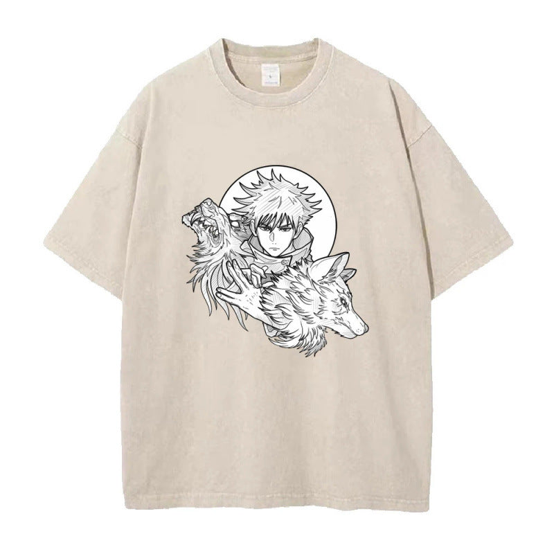 Summer Anime Jujutsu Kaisen Printed T-Shirt Vintage Washed Cotton Short Sleeve Top