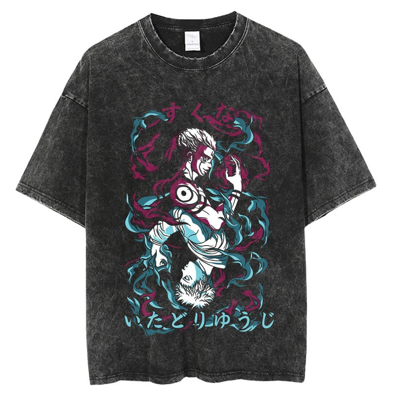 Summer Jujutsu Kaisen Anime Print T-Shirt Vintage Washed Cotton Short Sleeve Top