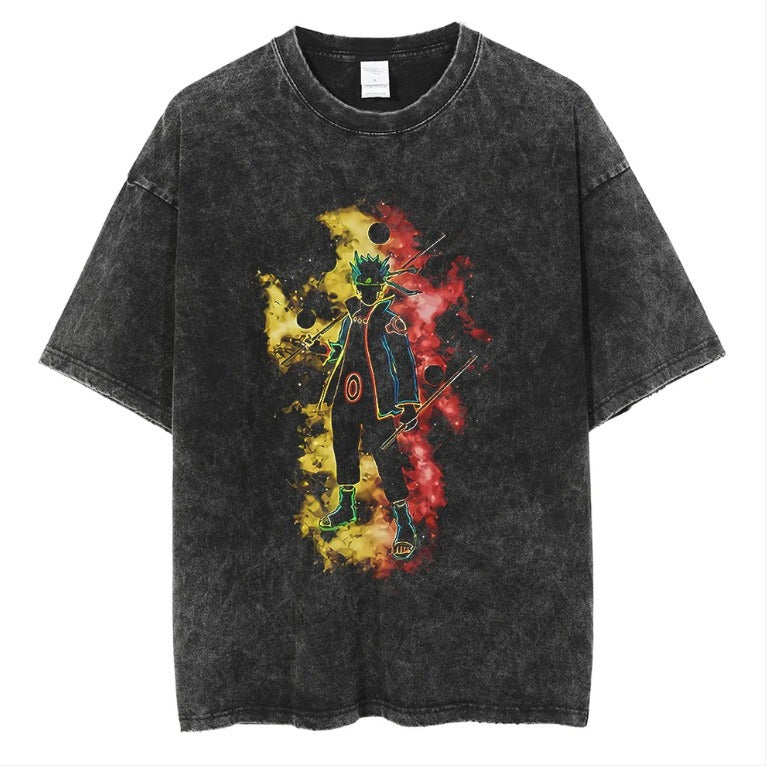 Naruto Japanese Anime Cartoon Oversize High Street Vintage Washed Wax Dyed Direct Spray Printed T-shirt