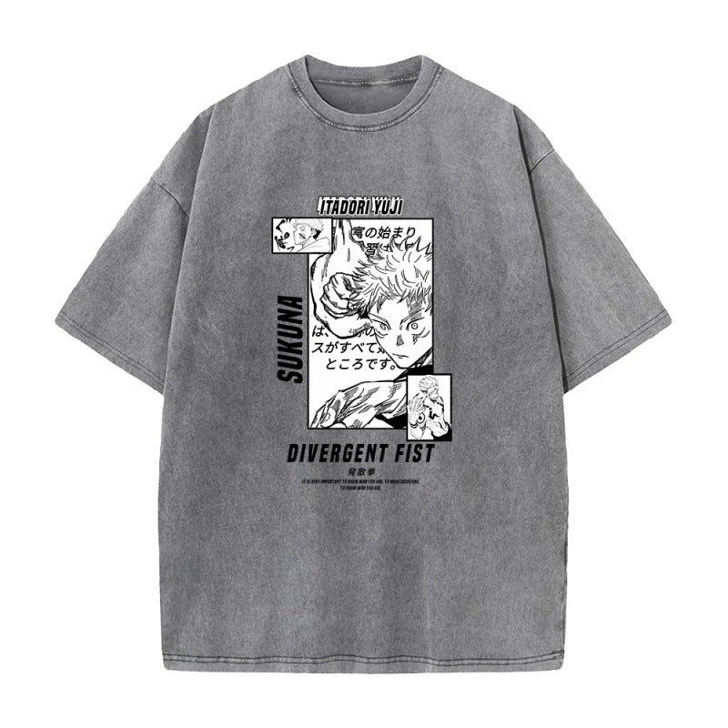 Summer Jujutsu Kaisen Two-Faced Sukuna Anime Printed T-Shirt Vintage Washed Cotton Short Sleeve Top