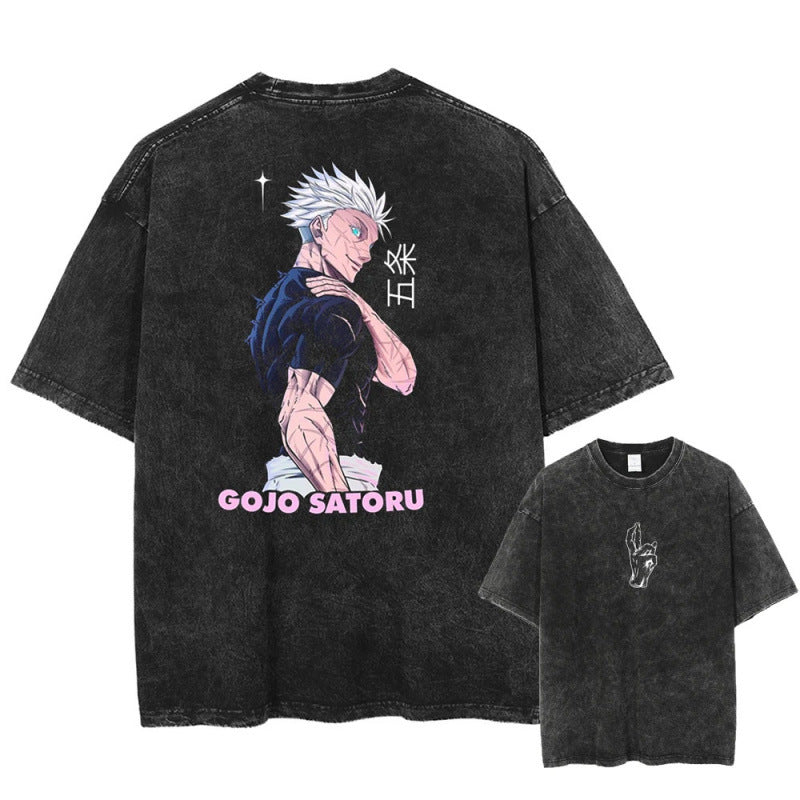 Summer Anime Jujutsu Kaisen Character Pattern Printed T-Shirt Cotton Washed Vintage Short Sleeve