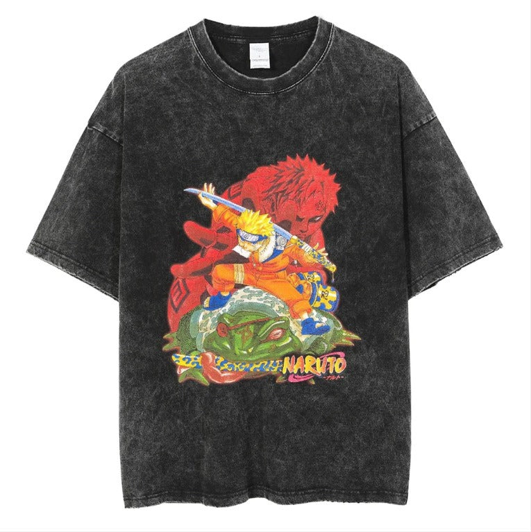 Naruto Japanese Anime Cartoon Oversize High Street Vintage Washed Wax Dyed Direct Spray Printed T-shirt