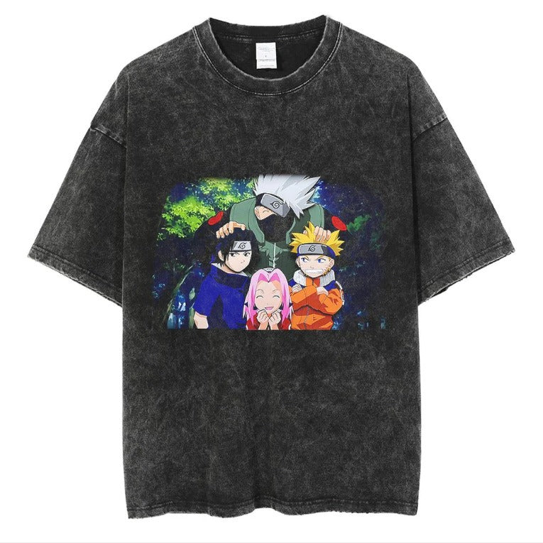Naruto Japanese Anime Cartoon Oversize High Street Vintage Washed Wax Dyed Direct Spray Printed T-shirt