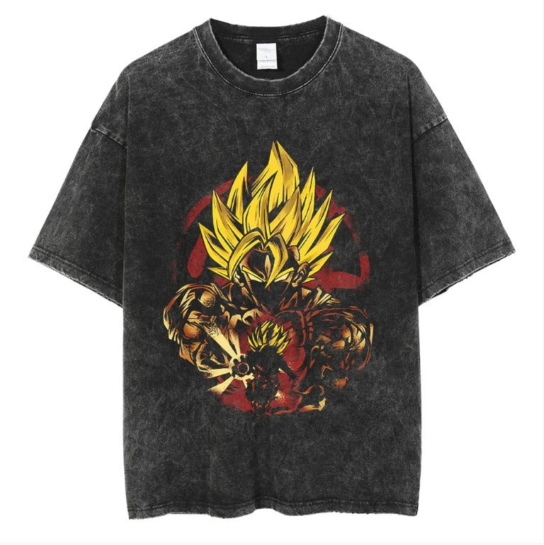 Japanese anime cartoon Dragon Ball oversize high street vintage washed wax dyed direct spray printed short sleeved T-shirt