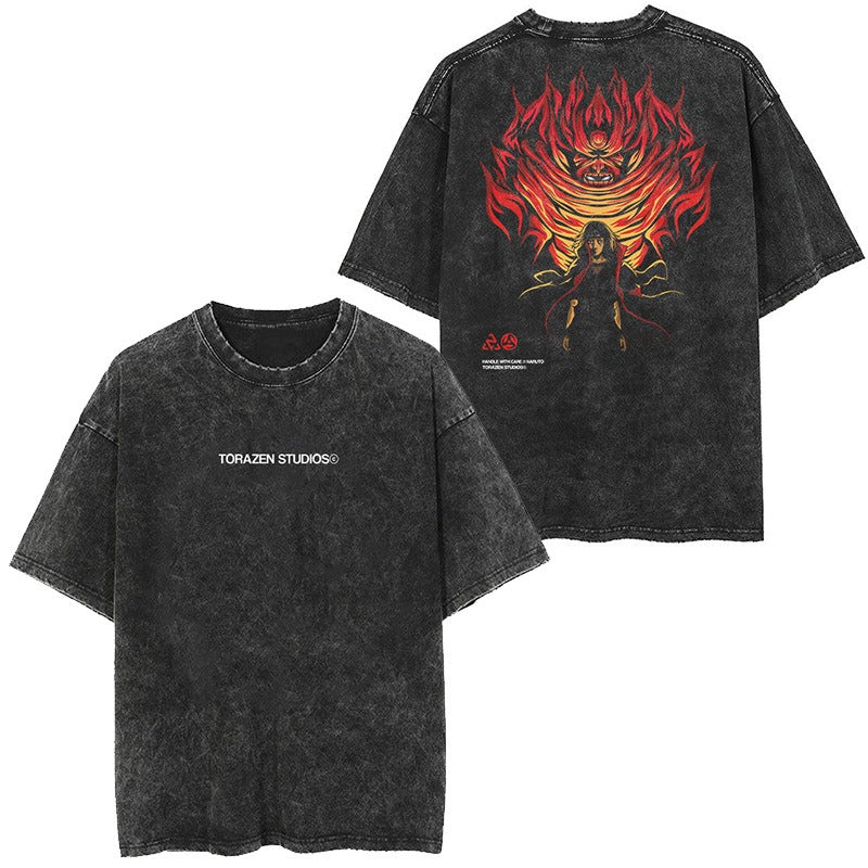 Japanese classic Naruto anime oversize high street vintage water washed wax dyed short sleeved T-shirt